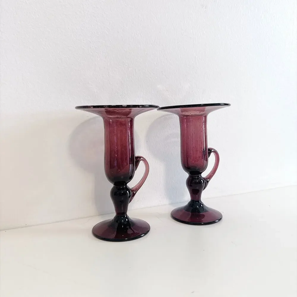 VTG LA VERRERIE DE BIOT FRENCH AMETHYST BUBBLE BLOWN GLASS PAIR CANDLE HOLDERS